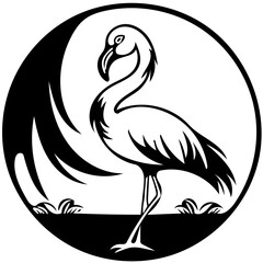 Black and white illustration of a flamingo in black, silhouette drawing 