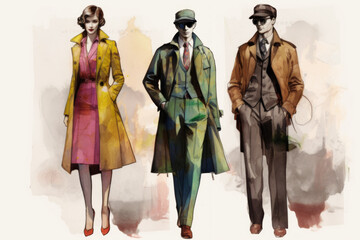 Fashion Book, blending ink pen sketches & watercolor, revealing Cold War Era design concepts. Dive into style, patterns, & haute couture with vivid illustrations & designer insights. Generative AI