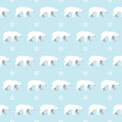 Polar Bears and snowflake seamless pattern with light blue represent an ice background. Winter and christmas concept wrapping paper.