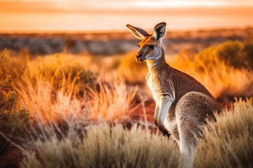 An Australian kangaroo in the outback of Australia at sunset, created with generative AI. - obrazy, fototapety, plakaty