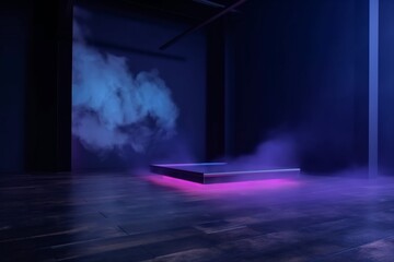 abstract neon blue light room effect smoke space fog background rays. Generative AI.