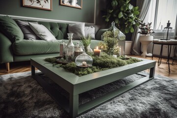 A comfortable living space with a lush coffee table and soft sofa, accentuated by green flora. Generative AI
