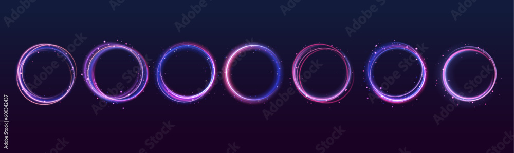 Poster Abstract Bright Neon Loop with Transparency. Glowing spiral cover. Black elegant. Fire light circles trails of sparkling glitter.