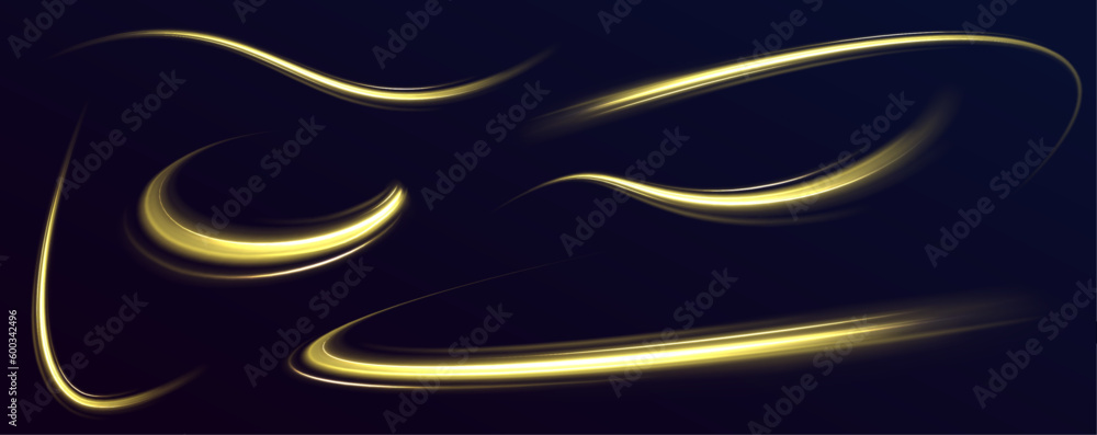 Poster luminous gold wavy line of light on a transparent background. glittering wavy trail. golden glowing 