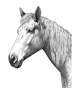 The horse's head is drawn by hand with lines and strokes. Vector illustration, EPS 10. Beautiful animal with a long mane close-up on a white background. Monochrome image, black and white sketch.