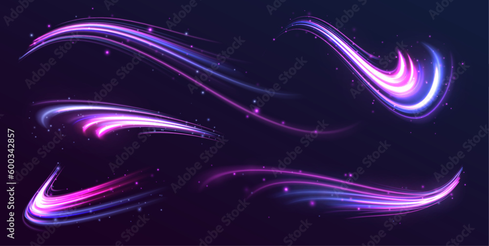 Poster cyberpunk light trails in motion or light, light motion trails. orbital magical neon light transpare