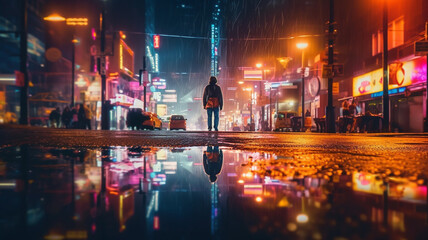 An abstract cityscape at night with neon lights, reflections on a wet street, and a blurry silhouette of a person walking alone. generative ai.