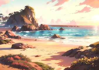 landscape beautiful island sunset illaustration Style