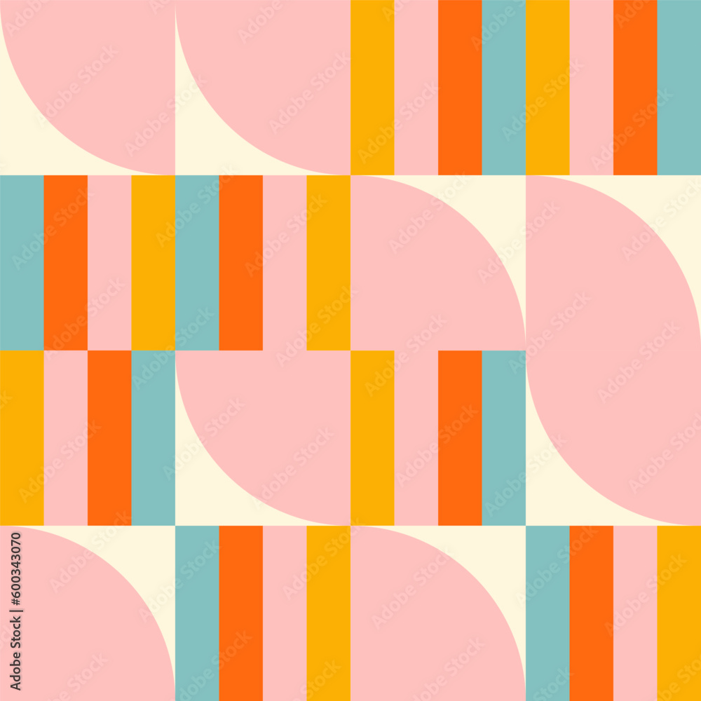 Poster Simple geometric seamless pattern. Modern abstract background with circle, semi circle, square, rectangle stripe shapes in pastel colors.