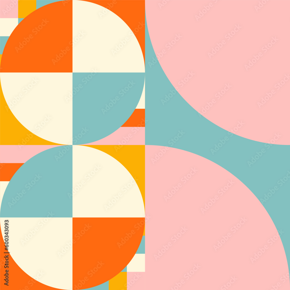 Poster Simple geometric seamless pattern. Modern abstract background with circle, semi circle, square, rectangle stripe shapes in pastel colors.