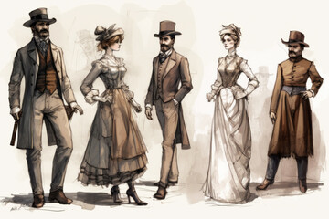 Obraz premium Fashion Book, blending ink pen sketches & watercolor, revealing Industrial Era design concepts. Dive into style, patterns, & haute couture with vivid illustrations & designer insights. Generative AI
