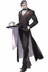 執事の男性キャラクターの全身イラスト(AI generated image)