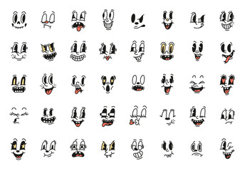 Comic retro faces. Vintage toons, different characters with expressive emotions, old style cartoons, funny mascot characters, rubber mascot face with eyes and quirky mouths, tidy vector set