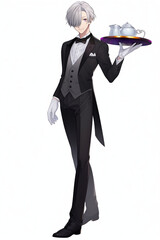 執事の男性キャラクターの全身イラスト(AI generated image)
