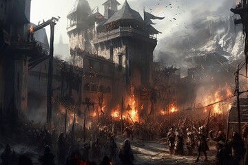 Medieval castle under siege created by AI - obrazy, fototapety, plakaty