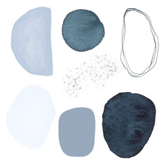 Set of abstract watercolor and modern art graphic elements in blue navy tones. Smooth contemporary forms, lines, figures, splashes. Textural spots. Hand drawn. On a transparent background.
