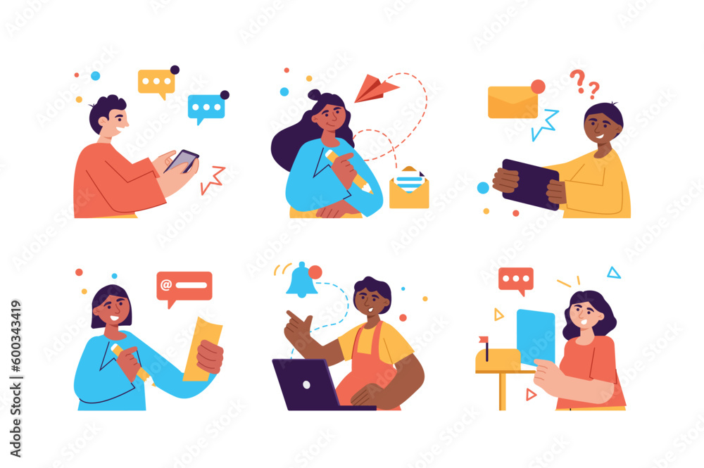 Poster mail set color concept with people scene in the flat cartoon design. young people communicate with e