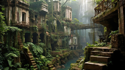 Fototapeta na wymiar Generative AI, An abandoned city hidden deep in the jungle