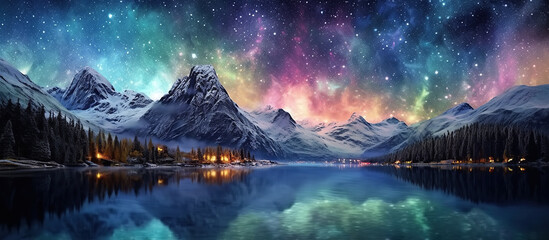 panorama with the night starry sky with the northern lights and stars above the lake water on the background of mountains. Generative AI illustration