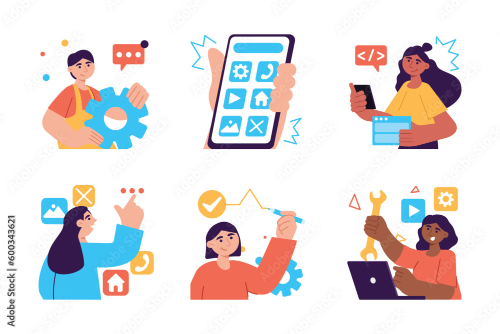 Poster app development set color concept with people scene in the flat cartoon style. programmers write a c
