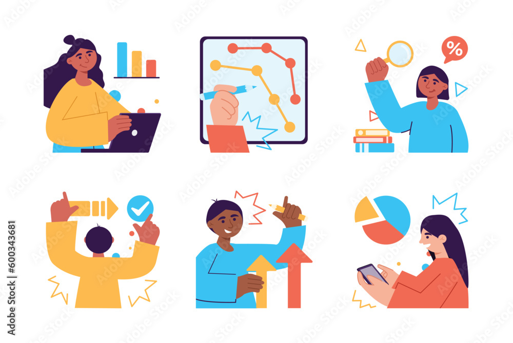 Poster data analysis set color concept with people scene in the flat cartoon design. data analysis speciali