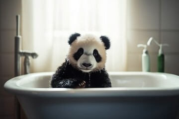 Baby panda in a bathtub  in the bathroom, Generative Ai