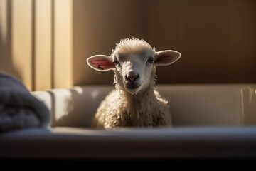 Baby sheep in a bathtub in the bathroom, Generative Ai