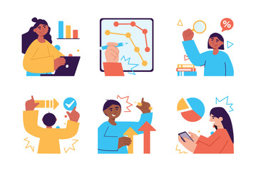 Data analysis set color concept with people scene in the flat cartoon design. Data analysis specialists work with various diagrams and charts of data. Vector illustration.