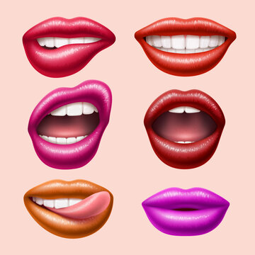 Different colors realistic lips. Female bright mouths, smiling and sexy shapes, 3d white teeth, licking, biting and grin, different colors lipstick, 3d isolated elements, utter vector set