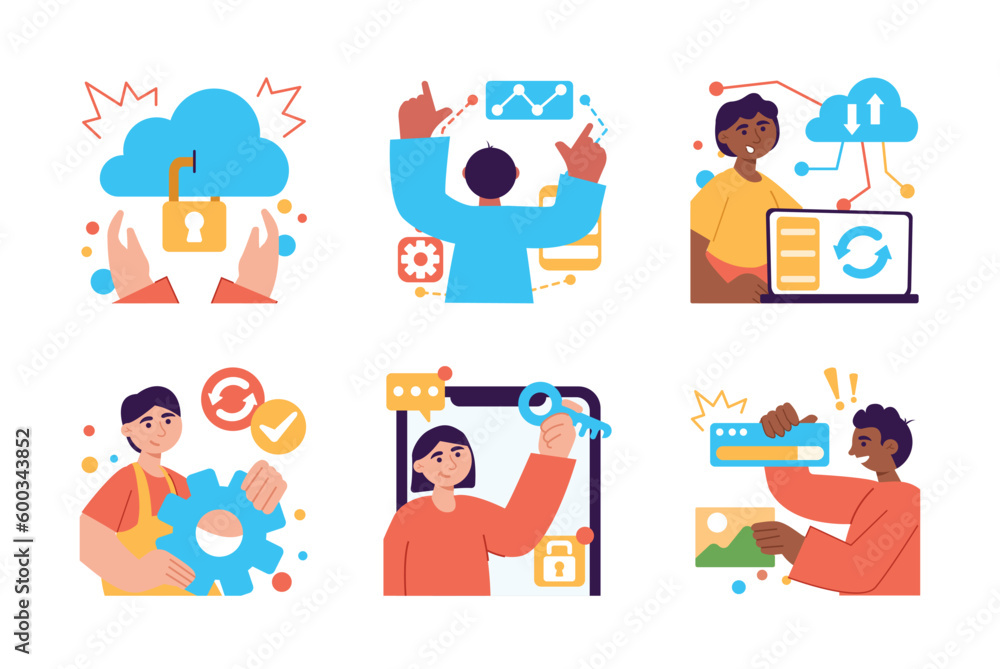 Poster set color concept cloud storage with people scene in the flat cartoon style. technical specialists w