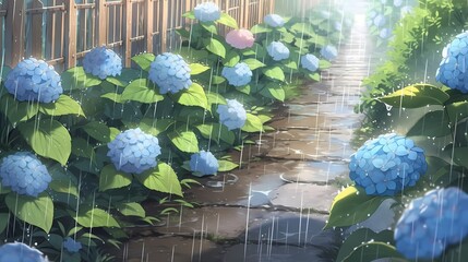 あじさいの咲く雨の小道のアニメ風イラスト　generative ai