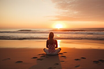 Fototapeta na wymiar Young woman does yoga for healthy lifestyle on sea beach in sunset. Generative AI
