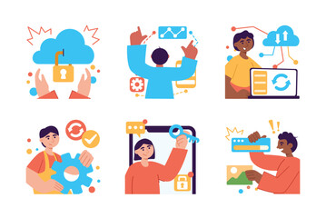 Set color concept Cloud storage with people scene in the flat cartoon style. Technical specialists work with data and information from cloud storage. Vector illustration.