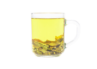 Tea brewing in transparent cup. Dragon Well green tea (Longjing tea).