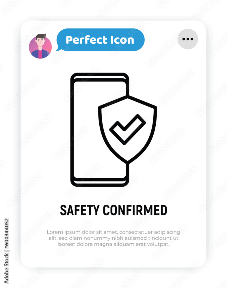 Aufkleber safety confirmed: smartphone is protected by shield with check mark. thin line icon. modern vector i