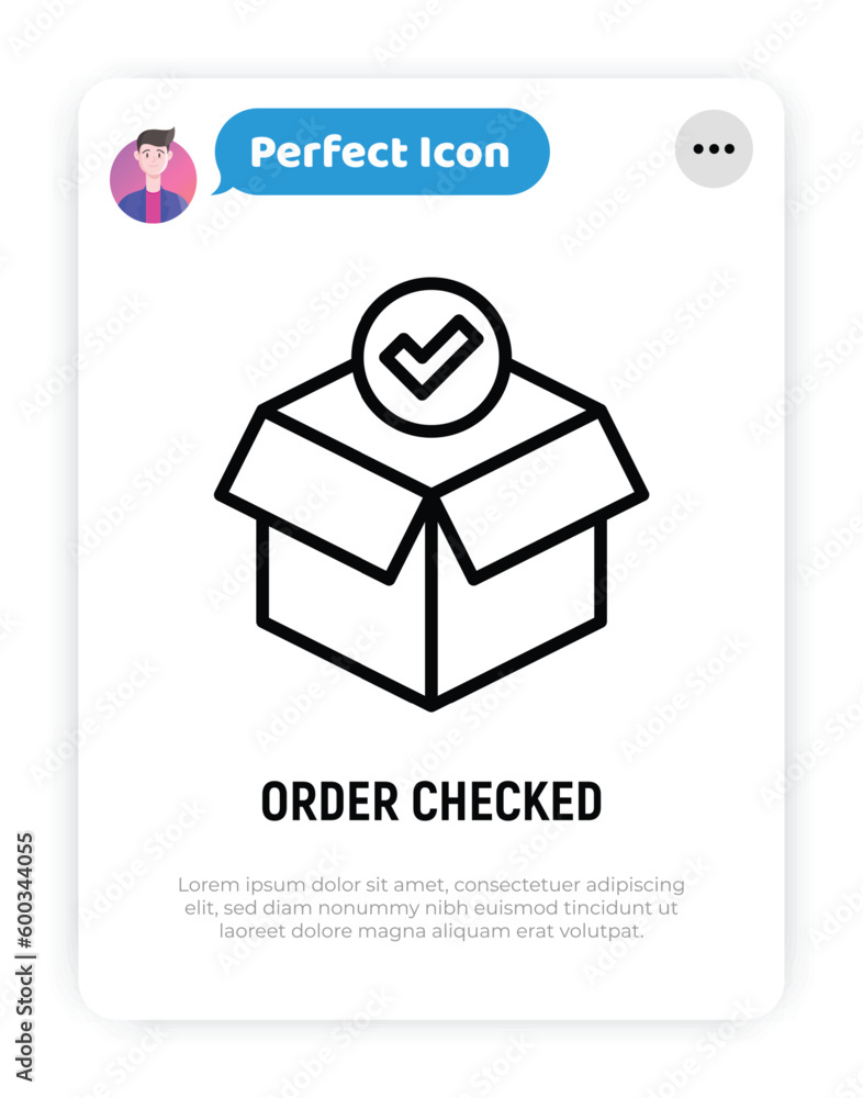 Poster order checked: open package with check mark. thin line icon. modern vector illustration for delivery