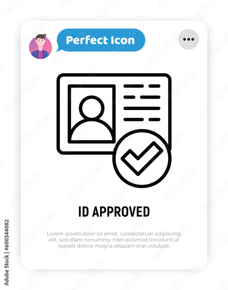 Poster id approved thin line icon. id card with check mark. authentication, membership. modern vector illus