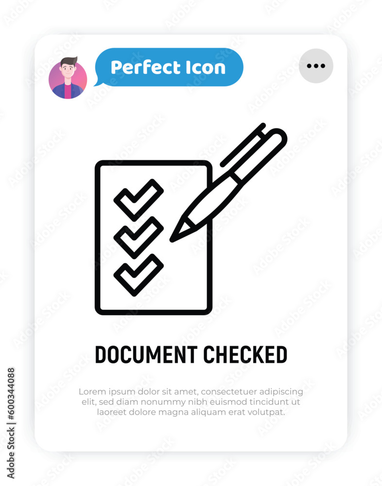 Aufkleber document checked thin line icon: paper sheet with check marks and pen. modern vector illustration.