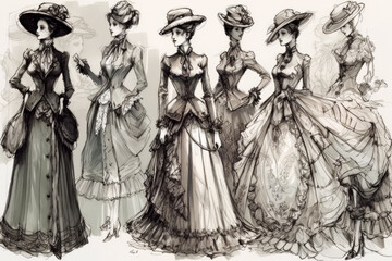 Fashion Book, blending ink pen sketches & watercolor, revealing Victorian Era design concepts. Dive into style, patterns, & haute couture with vivid illustrations & designer insights. Generative AI