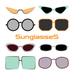 Sunglasses collection in cartoon style. Vector summer sun protection sunglasses colorful icon isolated on white