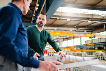 Manager explaining solar panel to businessman at factory