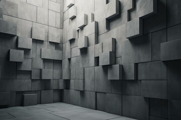 A modern, geometric tile 3D wall rendered in concrete rectangles. Generative AI
