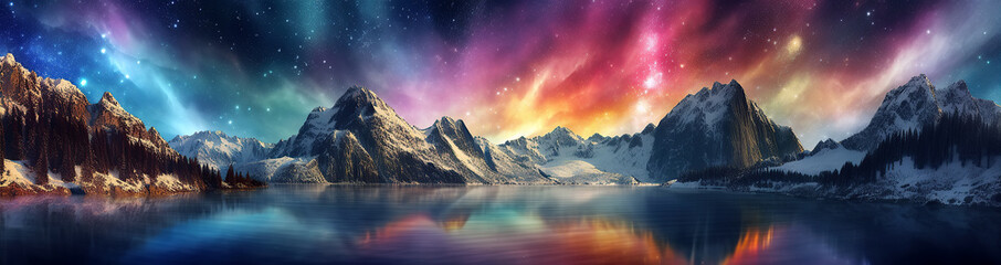 panorama with the northern lights in the night starry sky with stars over the lake and mountains. Generative AI illustration