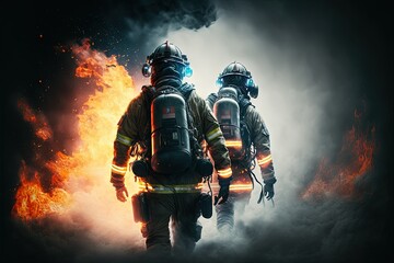 Firefighters in action, big flames, Brave firefighters . Generative Ai