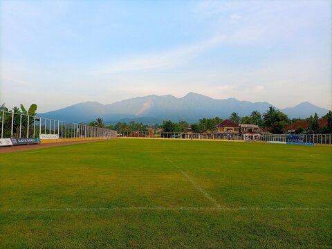 Soccer field with mountain backgrounds