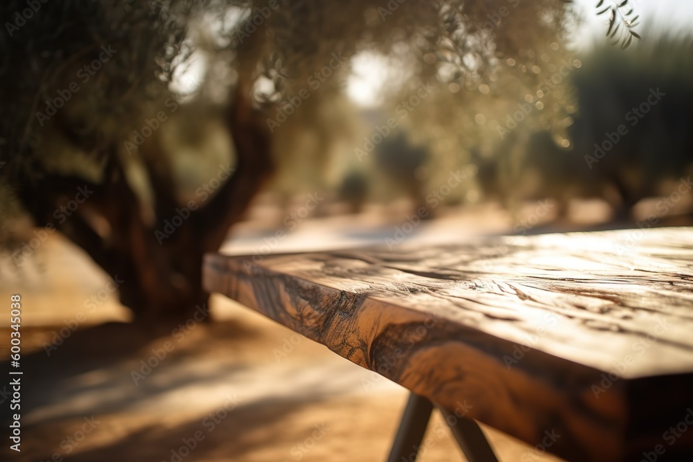 Poster a table made of wood, with a tree growing in the backdrop generative ai