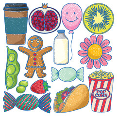 Foods and Snacks in Pencil Colour Sketch Simple Style