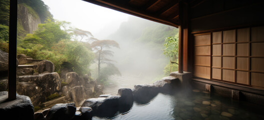 Japanese hot spring bath. hand edited AI. - obrazy, fototapety, plakaty