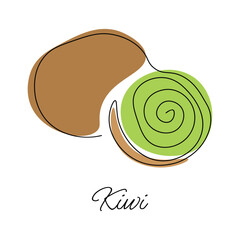 Vector illustration of kiwi with inscription. Continuous drawing with one line. Vector illustration. Black line on a white background with colored spots