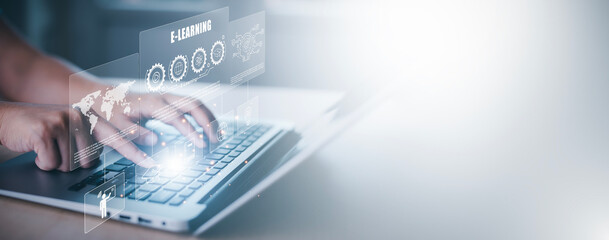 E-learning education with Online Courses e-learning concept. Learning workshop learn to think internet training knowledge technology, online learning with webinars, video tutorials, internet lessons